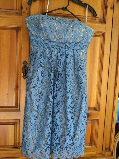 KAY UNGER BLUE GOLD LACE STRAPLESS SHORT EVENING DRESS SIZE  8