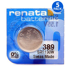 Renata 389 SR1130W 1.55V Silver Oxide Watch 5 Batteries - Made in Switzerland
