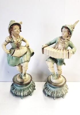 ANTIQUE BRONZE GERMAN DANCING FIGURINES.  DAV ART RARE HAND PAINTED BOY GIRL