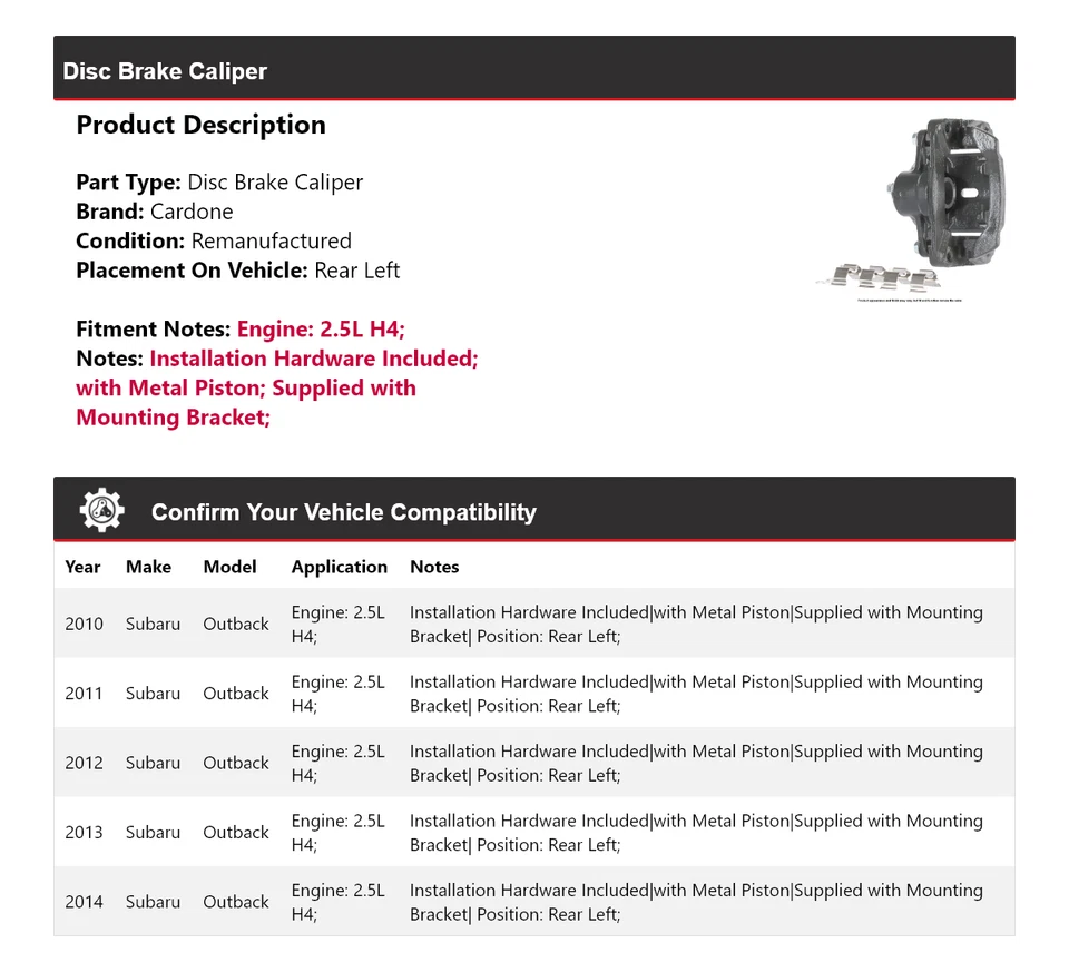 Para 2010-2014 Subaru Outback 2.5L H4 pinça de freio a disco traseira esquerda Cardone 2011 - Imagem 2 de 4