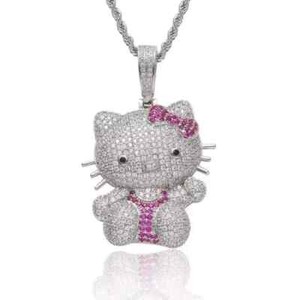 Authentic 2Ct Round Cut Lab-Created Diamond Kitty Cartoon Pendant 14K White Gold Plated