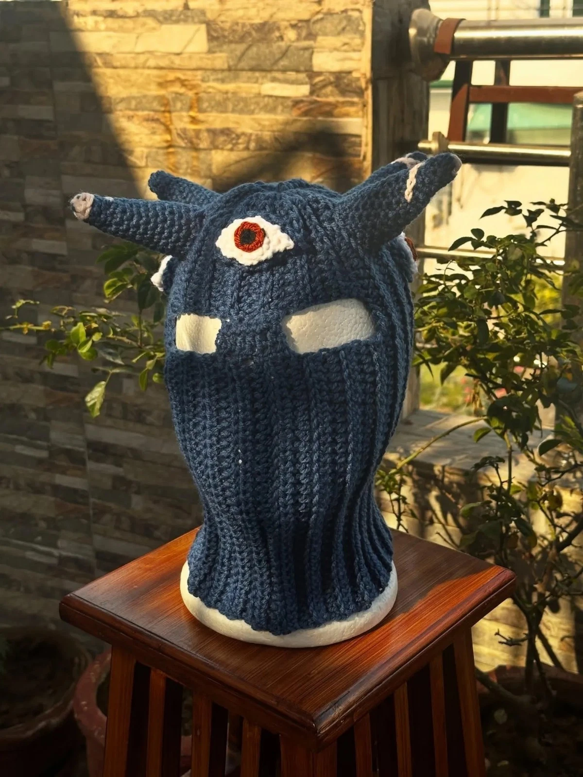 Third Eye Alien Ski Mask Blue Crochet Horned Winter Beanie
