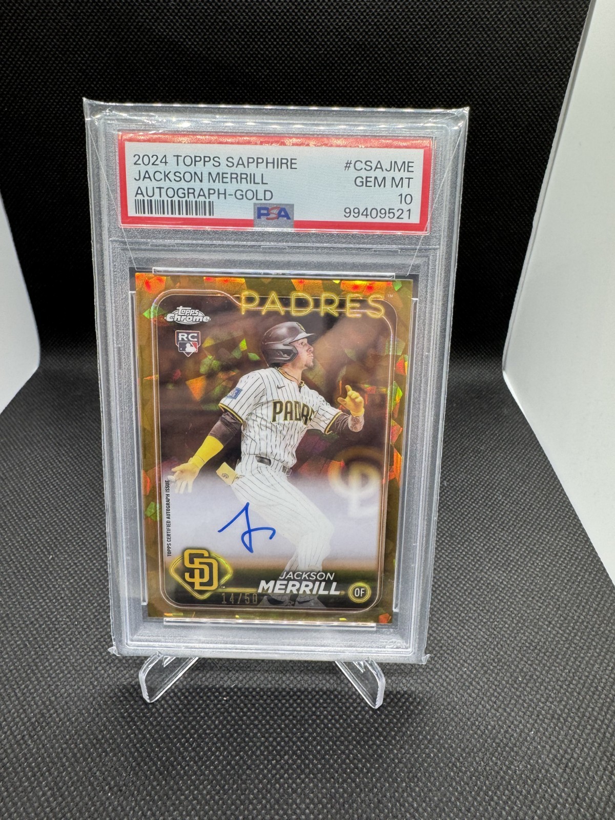 2024 TOPPS CHROME SAPPHIRE GOLD JACKSON MERRILL RC AUTO /50 PSA 10 PADRES