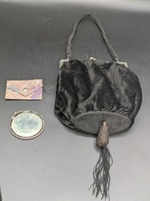 Vintage 1920s-30s Art Deco Black Velvet Flapper Evening Purse Tassel Mirror Coin