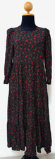 Zara Black Red Ditsy Floral Midi Dress Tiered Smock Long Sleeve Size XS