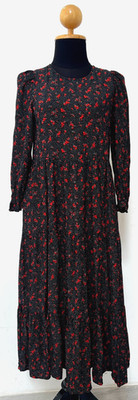 Zara schwarz rot Ditsy Blumen Midikleid Stufen Hängerchen Langarm Gr. XS