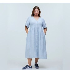 Madewell Cassie Button-Front Midi Dress in Linen Powder Blue Stripe Size XL