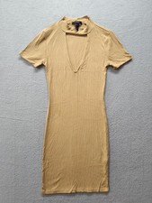 Forever 21 Women Bodycon Dress S Mustard Yellow Ribbed Knit V Neck Stretch Party