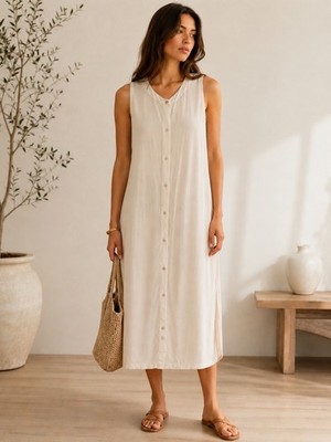 Eileen Fisher 100% Silk Sleeveless Button-Front Midi Dress Ivory/Cream   Medium