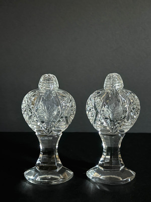 Beautiful Cut Crystal Long-Stemmed Prism Salt & Pepper Shakers Floral Etching