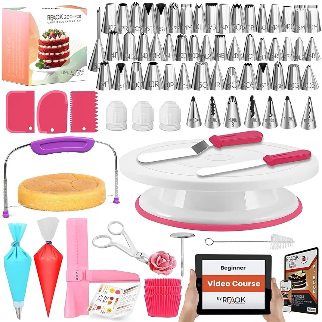 RFAQK 200PCs Cake Decorating Kit with Turntable & 200 PCs, White, Pink
Opens in a new window or tab