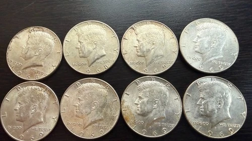 Lot of 8 1968 (2) 1969 (6) Kennedy Half Dollar 40% Silver Good+ Condition