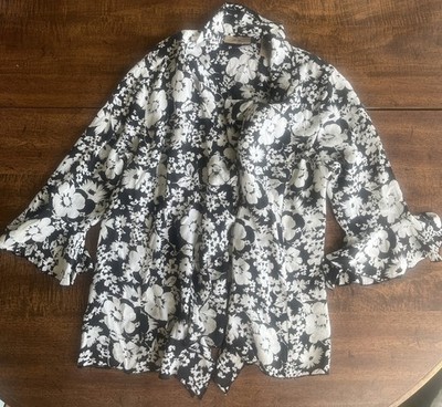 Vintage I.E. 100% Silk Black White Floral Waterfall Ruffle Garden Blouse Size 12