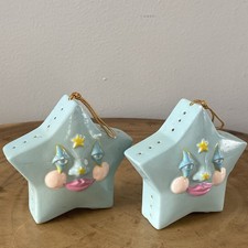 2 Adornos Retro Azul Cerámica Antropomórficas ESTRELLAS Payaso Popurrí Soporte RARO