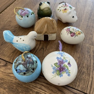 8x Vintage Pomander Lufterfrischer. Ye Olde Keramik Landhaus Vogel Schwein Frosch Kugel