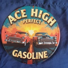 Ace High Round 8" Metal Sign Wall Art Man Cave Garage Bar Gas Station Gas Oil