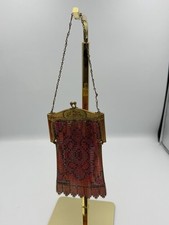 ANTIQUE ART DECO WHITING  DAVIS CO. ENAMEL MESH PURSE w/ Painting and Fringe