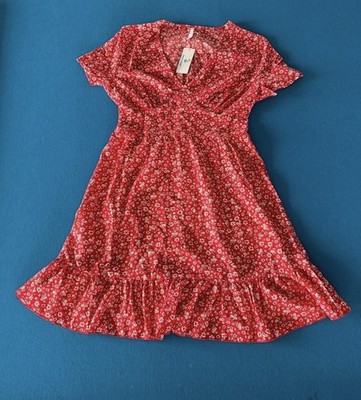 beachsissi Red White Floral Midi Flutter Sleeve Summer Dress Size M