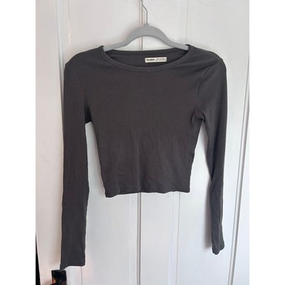 Pull&Bear Charcoal Grey Ribbed Knit Long Sleeve Crop Top Crew Neck Size Medium