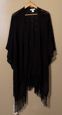 Women's Open Black Knit Crochet Fringed Duster OSFM Boho Music Festival