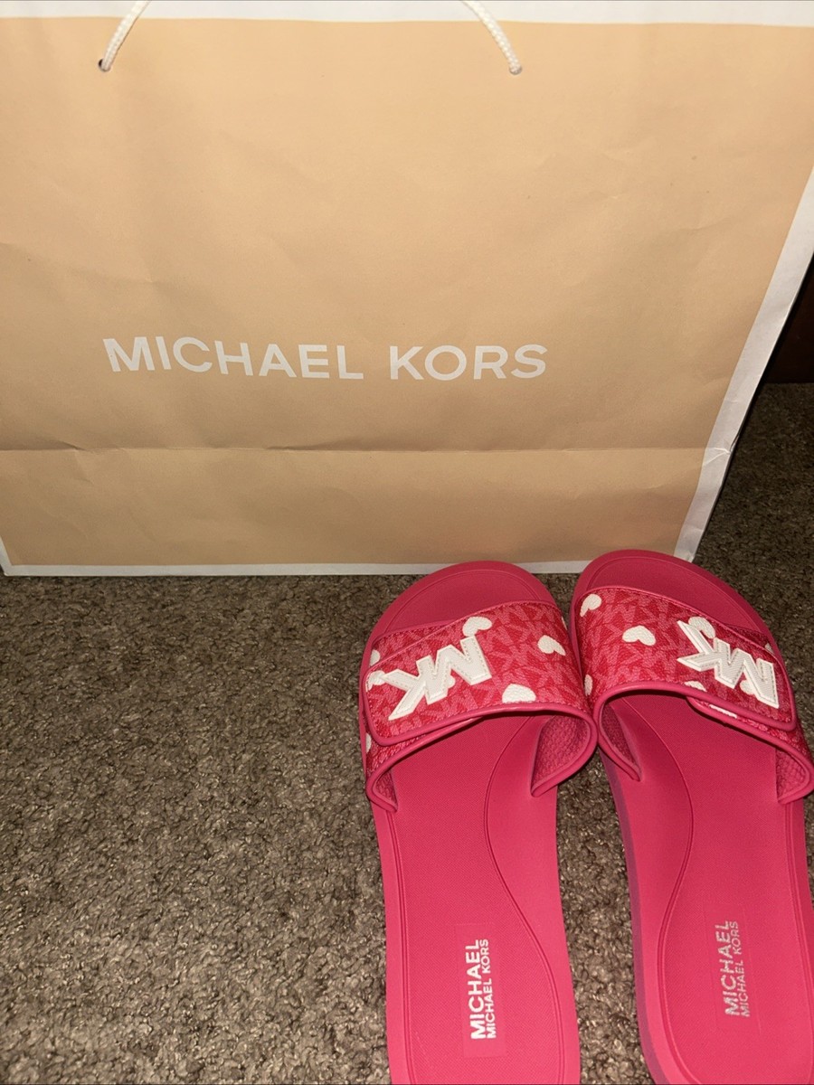 New Michael Kors Palmer Heart Printed Slide Sandals Signature Logo