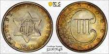1852 Three Cent Silver Piece 3 Cent 3CS PCGS MS65 Great Toning