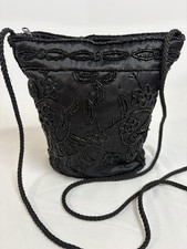 Black Satin Beaded Evening Bag Corded Strap Zipper 7x 3x6 Party Cocktail
