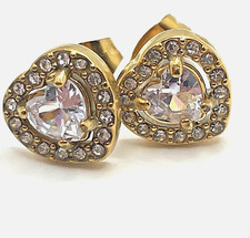 18K Gold Plated Heart Stud Earrings CZ Halo Stainless Steel PVD Coated