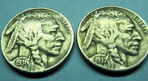 1936 & 1937 Buffalo Nickel lot of 2 coins~Fine 12 to Very Fine 20~Partial Horns