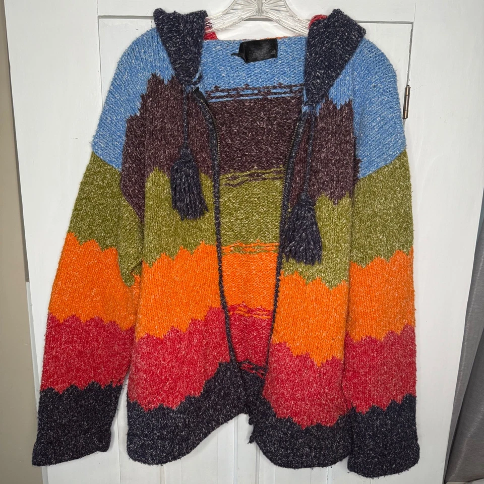 Suéter con capucha a rayas coloridas con cremallera mezcla de algodón tejido a mano nativo americano Foto 2 de 4