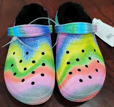 Crocs Classic Rainbow Spray Fur Inside Tie Dye Clogs Kids Size J6 Brand New