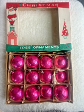 12 Vintage Fantasia Poland Glass Christmas Ornament 2" Cerise/Pink w/Orig Box