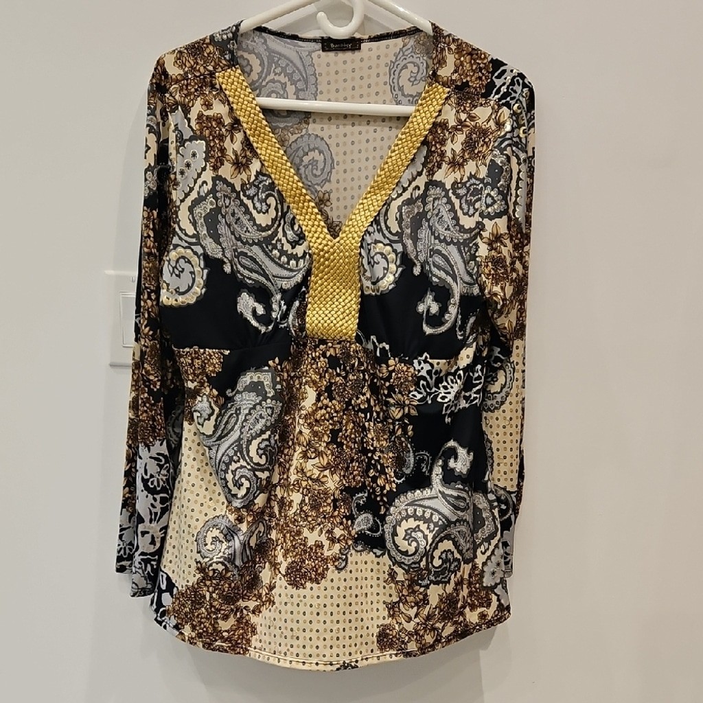 BANABEE Gold Trim V-Neck Long Sleeve Floral Plus Size 1X No Size Tag