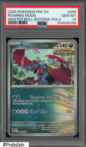 Roaring Moon #65 Master Ball Rev Holo 2025 Prismatic Evolutions Pokemon PSA 10