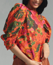 NWT Farm Rio x Anthropologie Blooming Garden Med Orange Pink Floral Embroidered