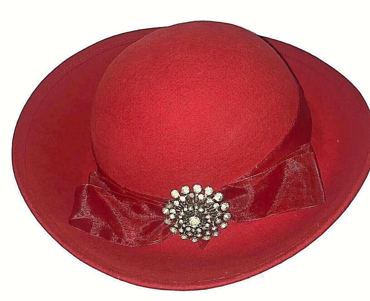Arlin Women's 100 Wool Felt Red Church Hat Organza Bow Rhinestone