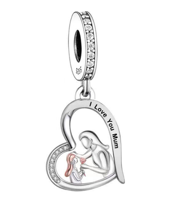 Genuine 925 Sterling Silver I Love You Mum Heart Dangle Charm for Mom Daughter Jewelry Bead