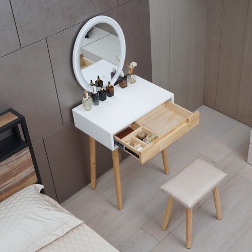 Makeup Vanity Set LED Lighted Mirror Dressing Table Stool Dresser Desk w/ Drawer - Picture 4 of 34