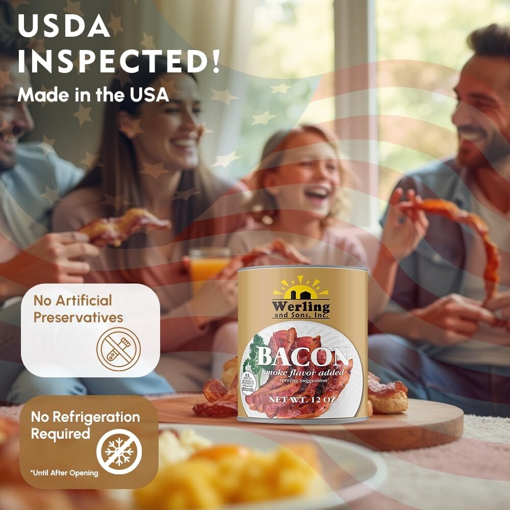 (1 Can) Werling Canned Bacon 12oz Can Survival Food Fully Cooked Smoke Flavor