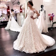 A-Line Princess Wedding Dresses Long Sleeves Scoop Neck Appliques Bridal Gowns
