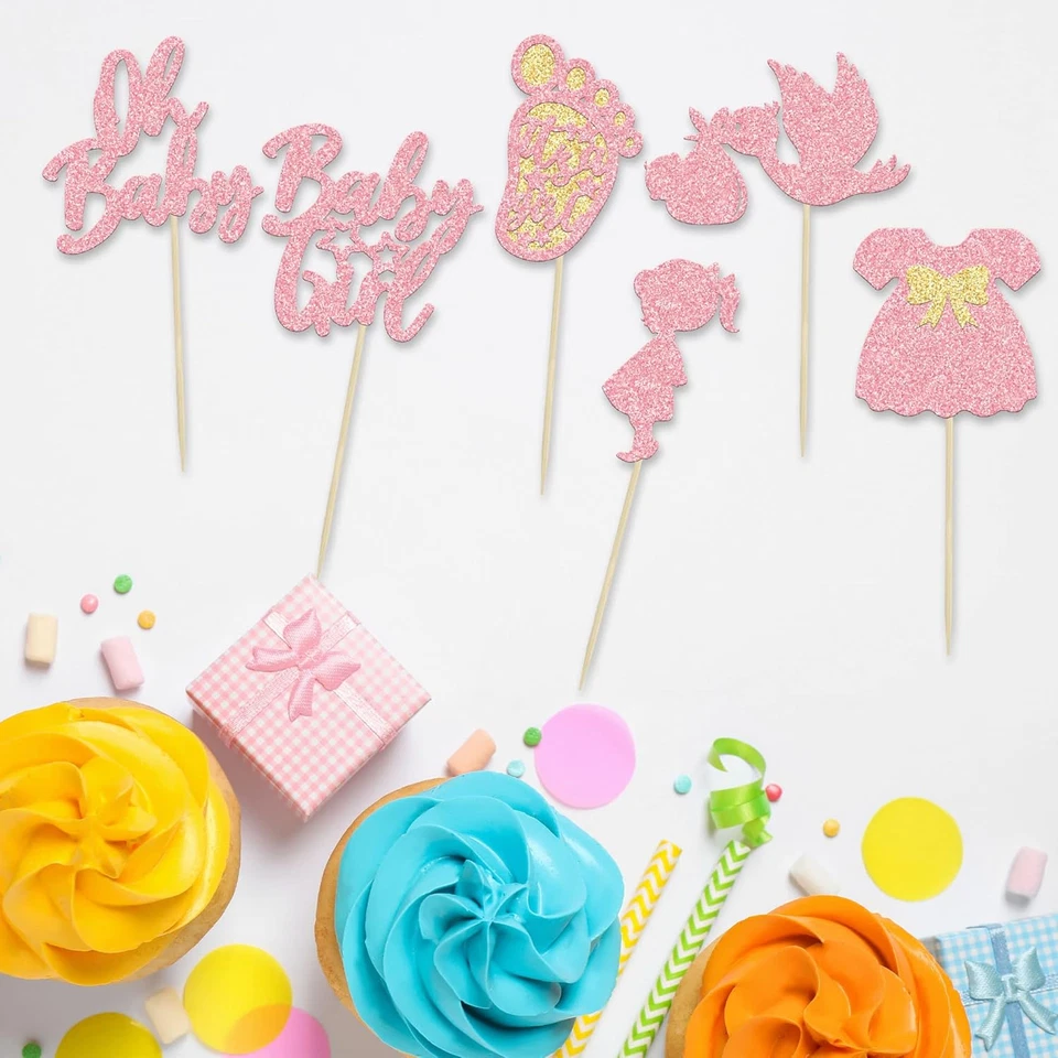 24 Piezas Baby Shower Oh Baby Cupcake Toppers con Lazo Vestido Huella Cisne Rosa Gli Foto 3 de 4