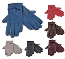 Ladies Soft Coloured Leather Warm Lined Driving Gloves Bow Design S/M M/L