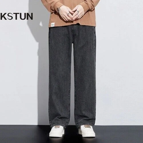 Wide Pants Men Trouser Baggy Jeans Dark Grey Streetwear Loose Fit