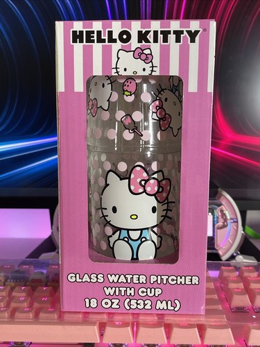 2024 Sanrio Hello Kitty Pink Polka Dot Glass Water Pitcher 18oz & Cup 8oz Stack