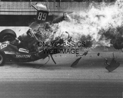 1975 INDY 500 WILD CRASH AUTO RACING 8X10 PHOTO TOM SNEVA FLIPS -RASMUSSEN IS OK