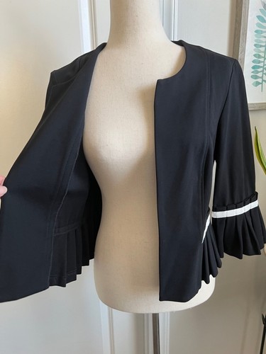 Joseph Ribkoff Blazer 8 Black Crop Pleated Open Front Bolero Jacket 3/4 Sleeve - Picture 5 of 10