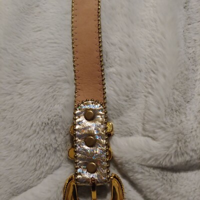 Belts by Simon silver metallic leather large belt with gold hardware Belts by Simon silver metallic leather large belt with gold  main image 3