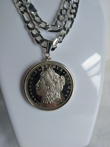 Silver Plated Necklace With 100th Anniversary Last Morgan Dollar. Chain 24" L - Picture 10 of 24