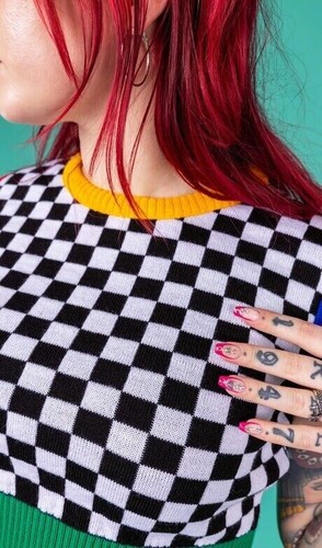 RUN AND FLY Black White Checkerboard Cropped Tank Top y2k Emo Sweater Vest Crop - Picture 4 of 15