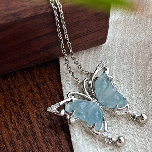 Silver Necklace With Light Blue Gemstones Elegant Pendant Jewelry For Women - Picture 4 of 4